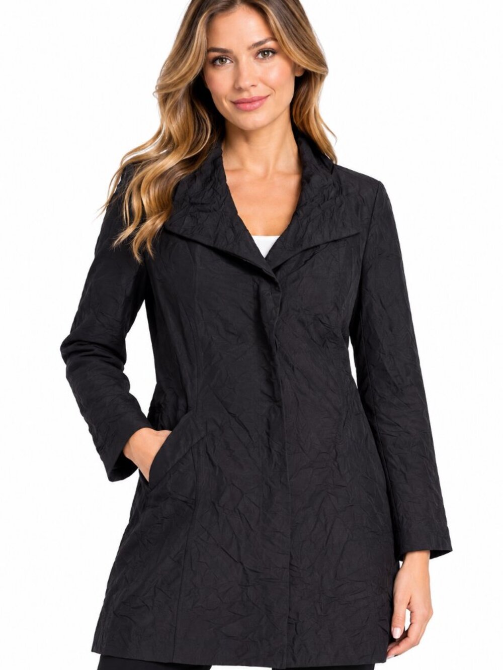 Rodika Zanian Black Crinkle Textured Coat Jacket Size 44 Made in France